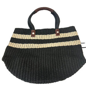 Gap Woven Large Beach Paper Bag Tote w Leather Straps Charcoal Cream